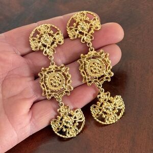 Vintage 1980’s Floral Filigree Dangle Drop Earrings; Gold Tone Statement; 3.15”